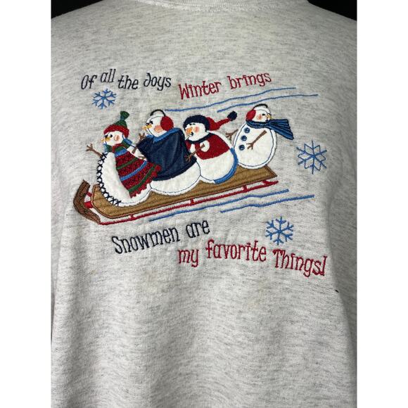 Vintage Holiday Crewneck Sweatshirt, Snowmen Sledding, Adorable Christmas Top - Picture 2 of 6